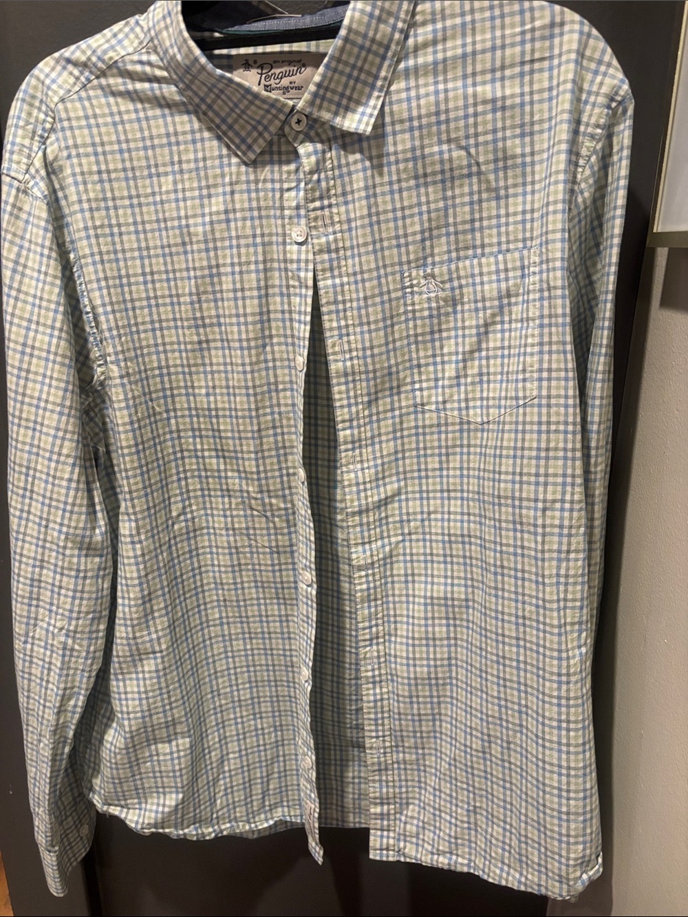 Original Penguin Men's Light Blue Plaid Long-Sleeve Dress Shirt